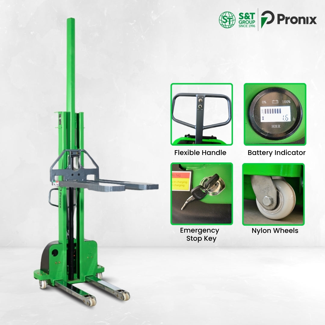 Self Loading All-in-One Stacker Semi-Electric Lifting Capacity 1000Kg, 1.6m Lifting Height PNXSESLS-1016 - Pronix