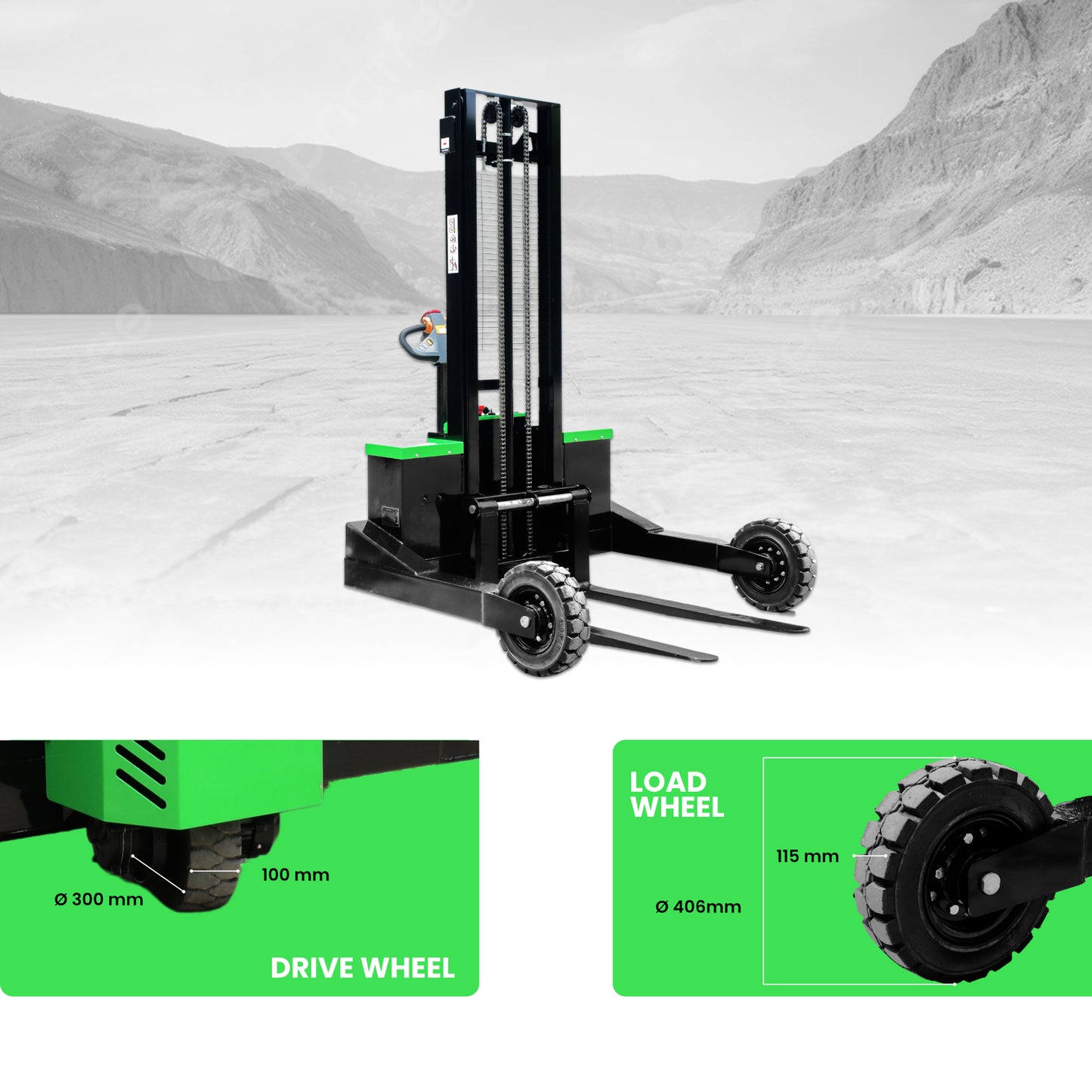 Pronix Rough Terrain Electric Stacker 1.5 Ton Capacity, 1.6m Lifting Height PNXRTES-1516